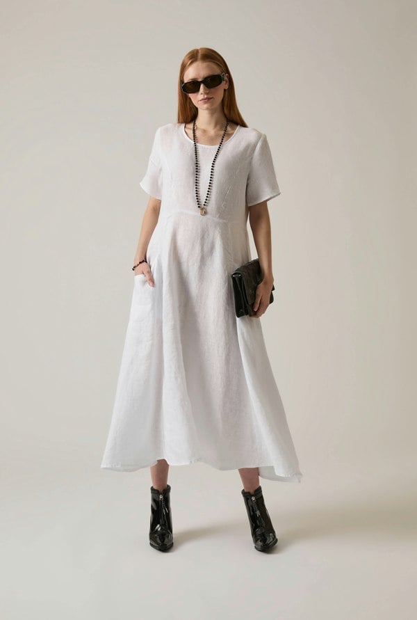 White linen midi dress with side pockets