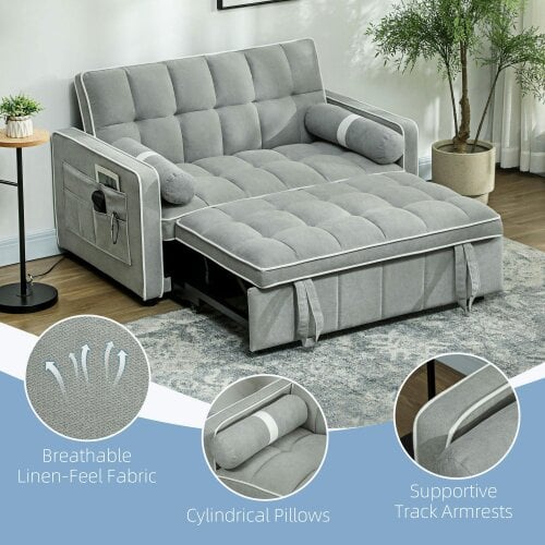 Wyld Haus Tapa Linen Effect Light Grey Upholstered 2 Seater Sofa Bed White Trim