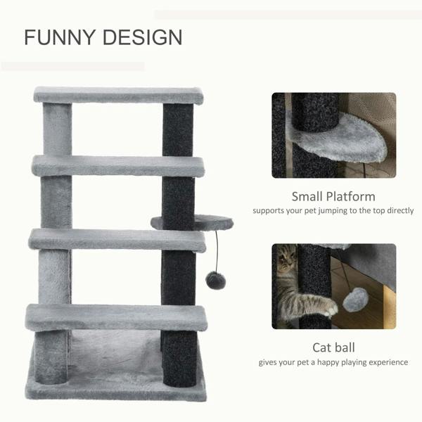 Grey 4-step pet stairs with small platform detail and hanging ball toy
