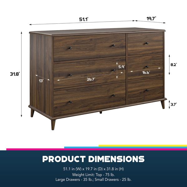 Dorel Home Farnsworth 6 Drawer Dresser Walnut