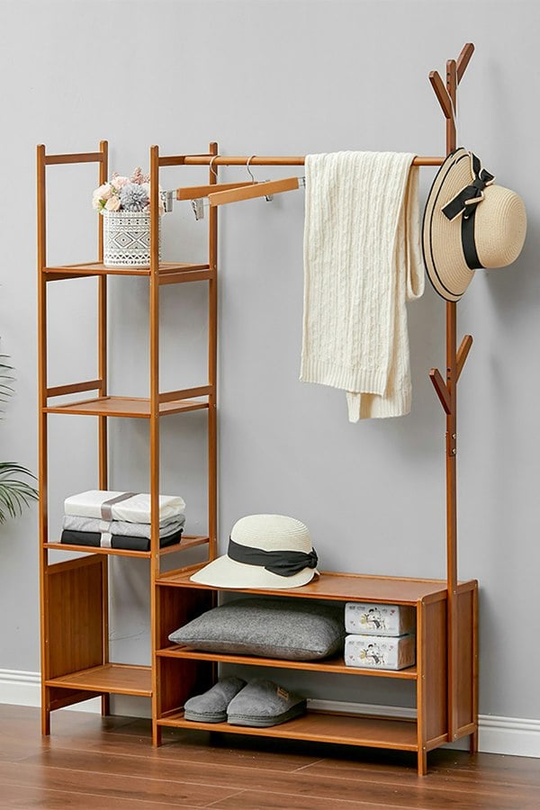 Living and Home Bamboo Clothes Rack with Storage Shelves