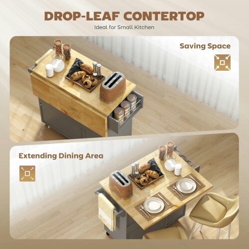 Wyld Haus Norado Grey and Natural Wooden Rolling Kitchen Island With Drop Leaf Drawer Towel And Spice Racks