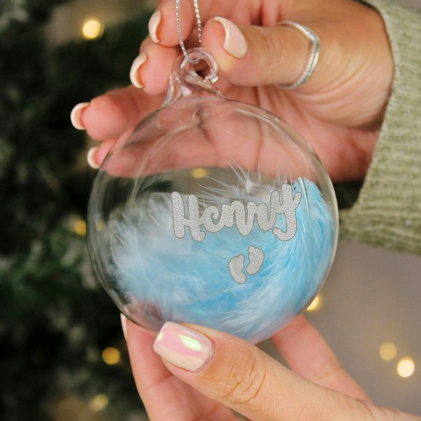 Personalised Memento Company Personalised Blue Feather Silver Footprints Glass Bauble