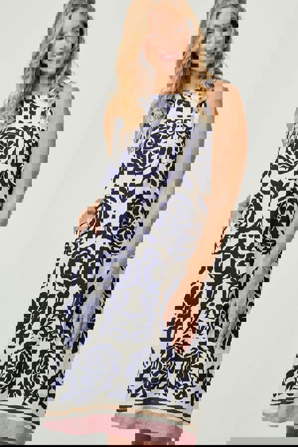 Navy | Printed Sleeveless Midi Shift Dress
