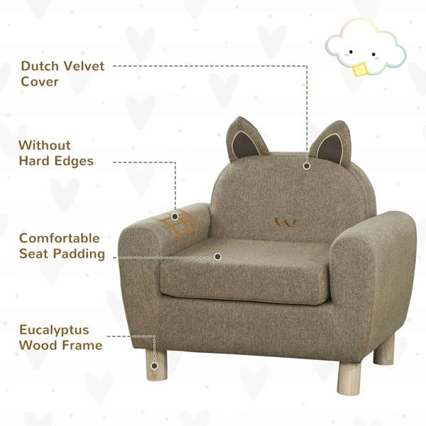 Kids toddler armchair with cat-ear back in brown fabric, soft padded seat and wooden frame