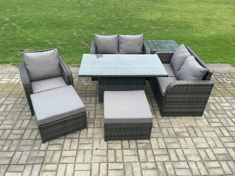 Fimous 7 Seater Rattan Furniture Garden Dining Set Outdoor Height Adjustable Rising lifting Table Love Sofa Chair With Side Table 2 Big Footstool