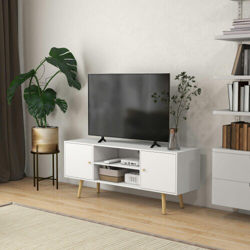 Wyld Haus Vido 120cm Tozi Wooden White TV Cabinet With Open Shelves And Wooden Legs For Screens Up To 55 Inches