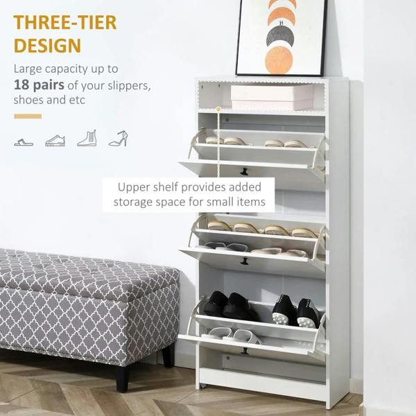 White narrow shoe cabinet with three-tier open shelves and flip-door storage