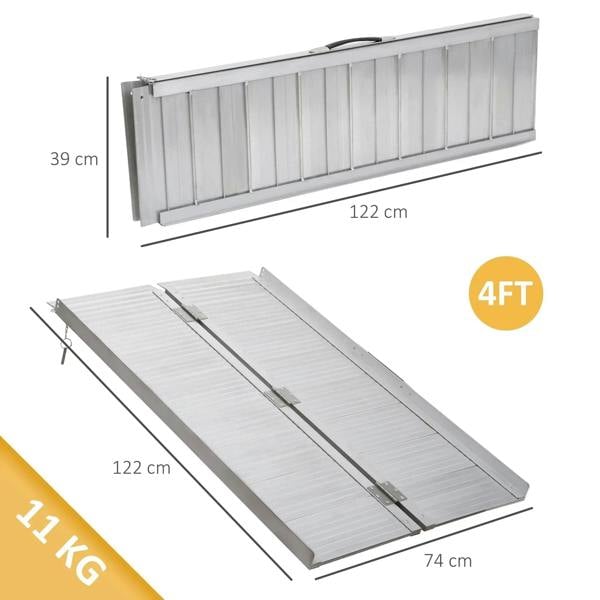 Silver aluminum folding wheelchair ramp laid flat with ribbed non-slip tread and side rails