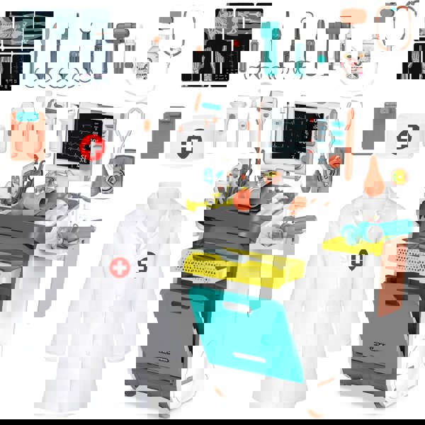 deAO Toys Doctor Kit for Toddlers, Kids Pretend Medical Station Set with Mobile Cart, Height Measuring Rod, Thermometer, Stethoscope