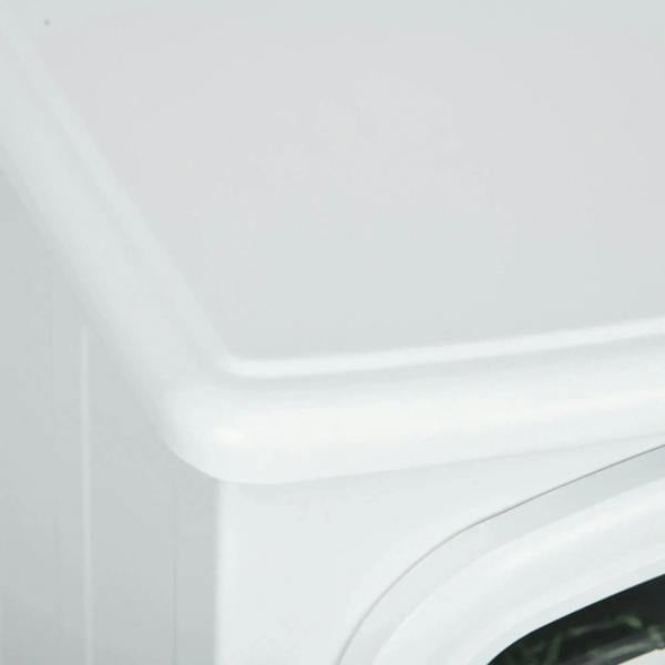 White arched trim corner on a freestanding electric fireplace stove