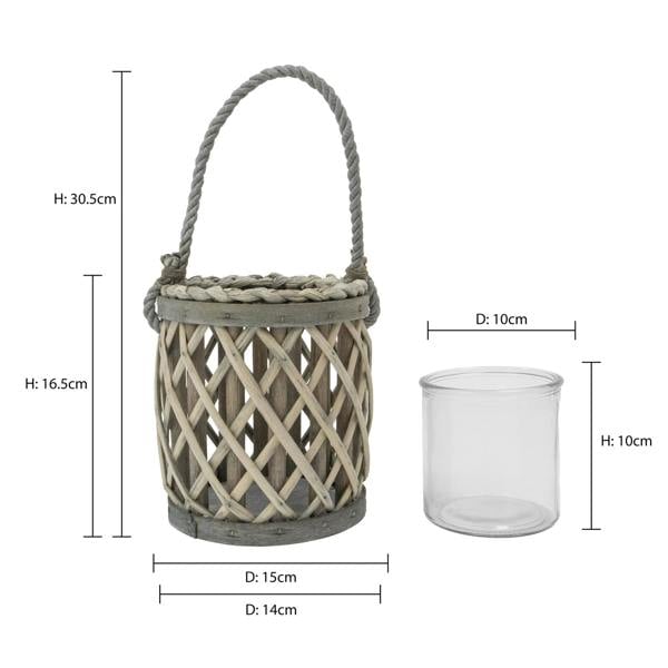 JVL Luna Natural Willow Wood Lantern With Braided Rope Handle, Grey Wash