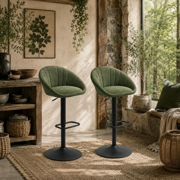 Wyld Haus Spetti Fabric Dark Green Relaxed Tub Bar Stools Set Of 2 With Curved Seat
