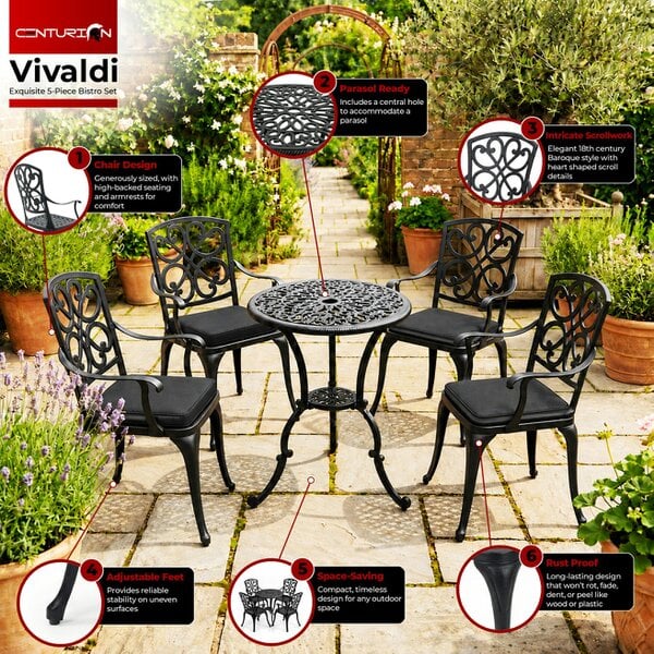 Centurion Supports VIVALDI Black 5-Piece Cast Aluminium Garden Bistro Set - with Black Cushions