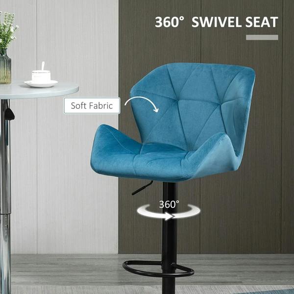 Blue velvet bar stool with 360° swivel seat, black pedestal and footrest