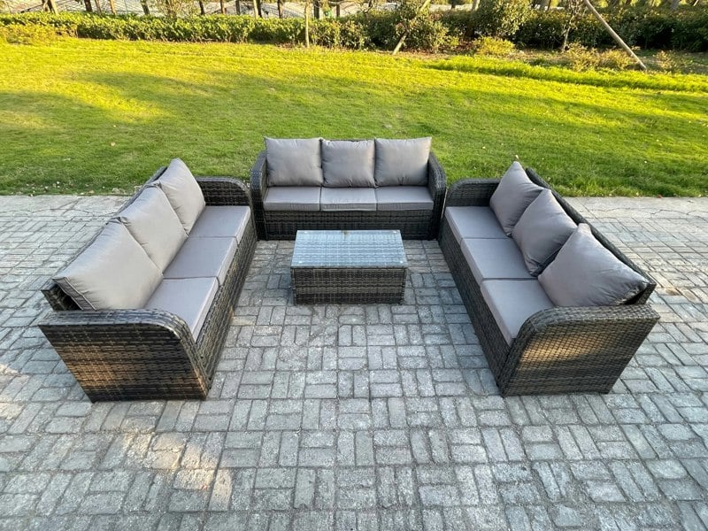 Fimous Rattan Lounge Sofa Set 9 Seater Outdoor Garden Furniture Set with Rectangular Coffee Table 3 Seater Sofa Dark Grey Mixed