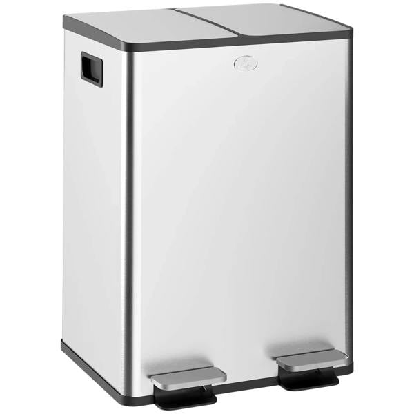 Dual-compartment stainless steel trash bin with step pedal, silver tone