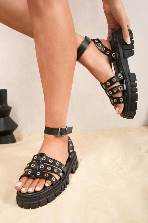 Briya Chunky Sole Studded Strap Sandals - Black