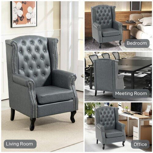 Wyld Haus Radima Grey Faux Leather Chesterfield Wingback Accent Armchair With Nail Head Trim