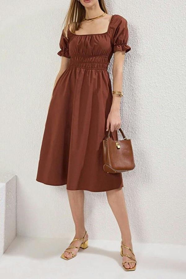 WOVCOR Skater Balloon Sleeve Lined Midi Woven