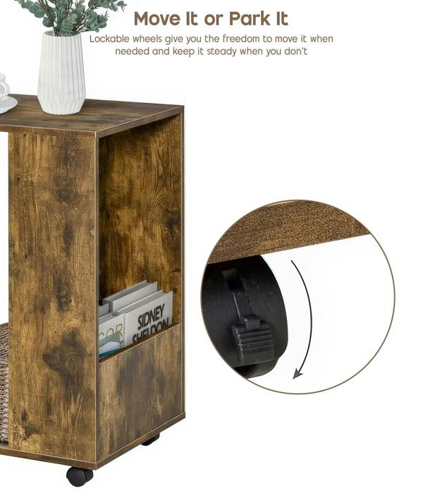 ADOV C Shaped Side Table with Wheels, Industrial Sofa End Table with Open Storage for Living Room and Bedroom