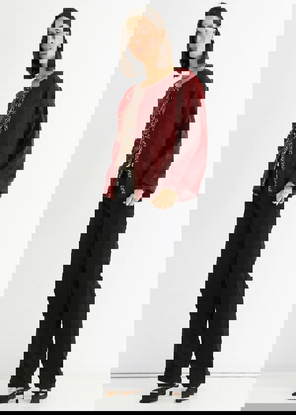 Gini London Burgundy Contrast Animal Tie Oversized Knit Cardigan