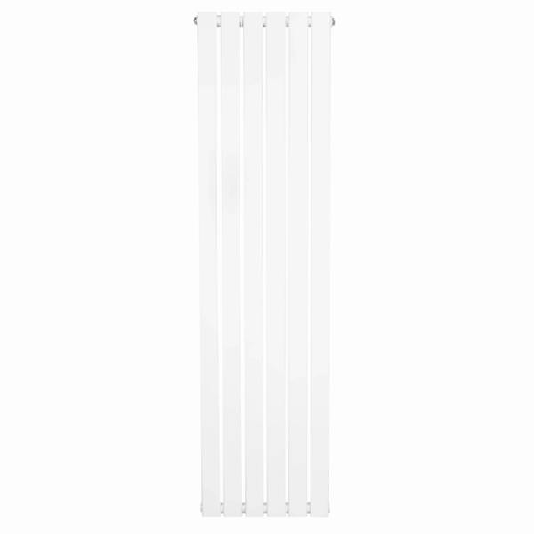 Flat single column radiator in sleek white finish, measuring 1600 x 420mm, featuring smooth vertical lines and a modern design