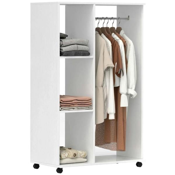White open wardrobe cabinet with hanging rail, shelves, and rolling wheels