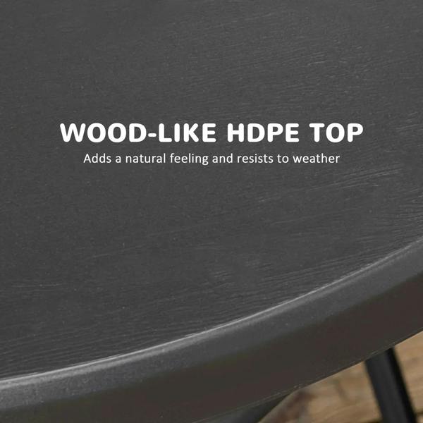 Dark grey wood-look HDPE tabletop surface on a round foldable garden table