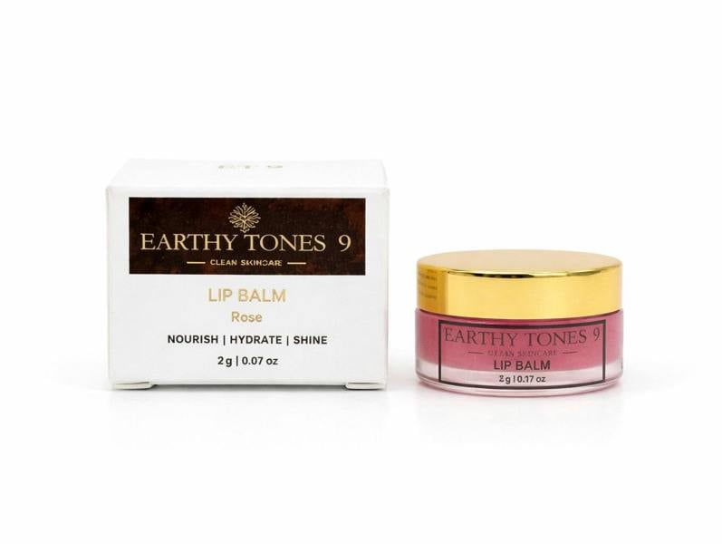 Earthy Tones 9 lip balm 2g jar with packaging on a white background