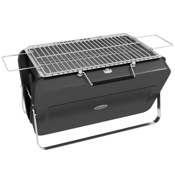 Black portable metal BBQ grill with chrome grate and hinged lid, side handles and stand