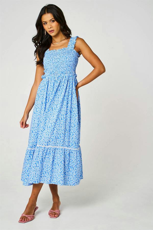 FS Collection Little Floral Print Hem Detail Maxi Dress In Blue