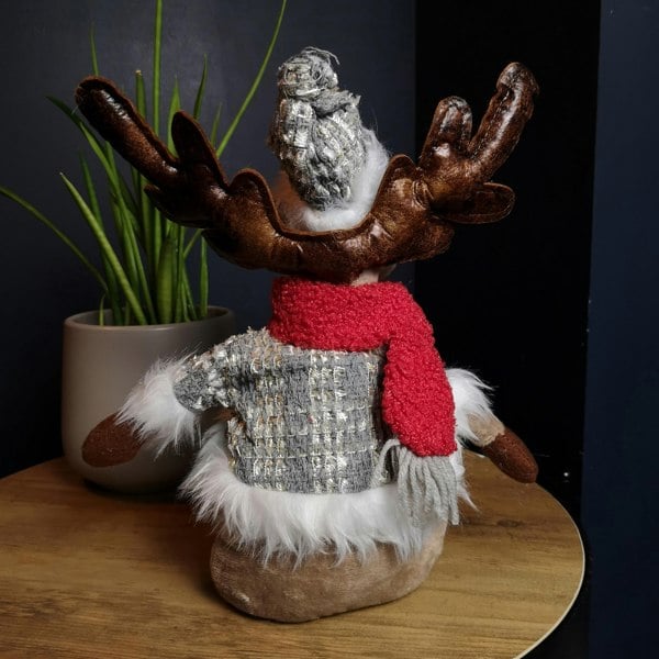 Samuel Alexander 38cm Plush Reindeer Christmas Decoration with Hat and Scarf in Grey