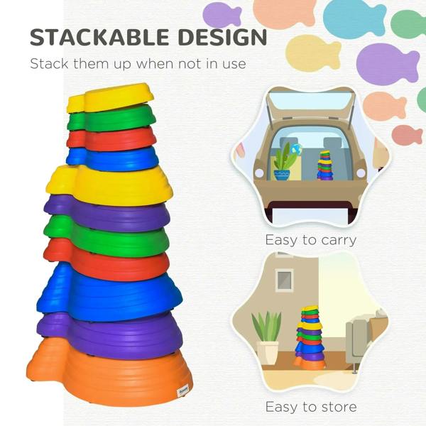 Stackable multicolored stepping stones set, arranged in a tall stack and single pieces