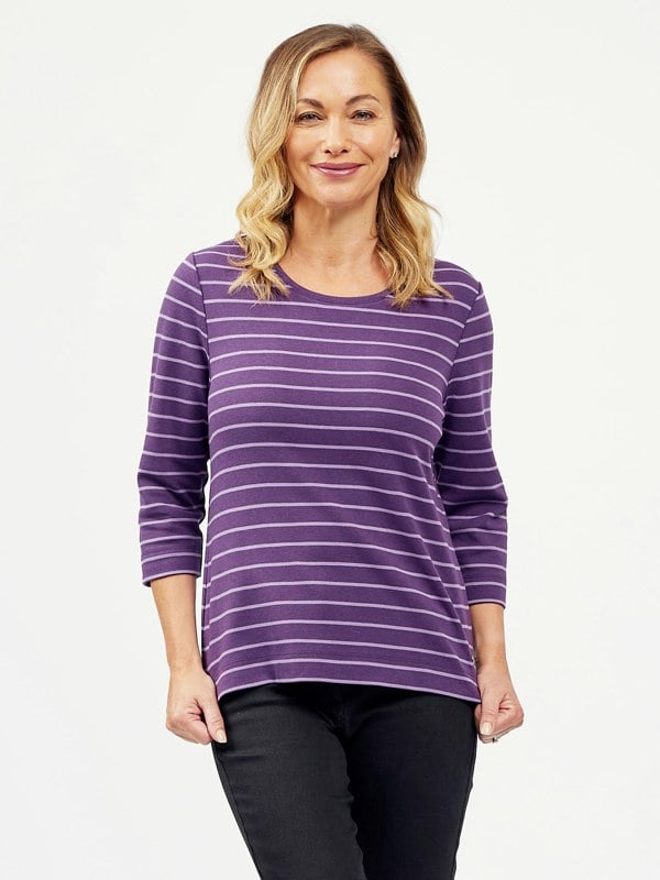 PennyPlain Round Neck Striped Top - Mulberry