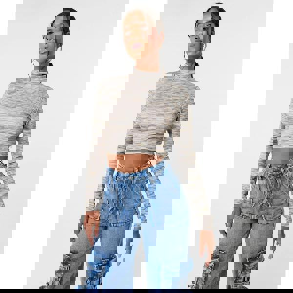 Pink Vanilla Space Dye High Neck Long Sleeves Crop Top