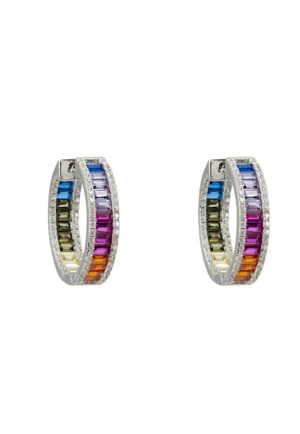Rainbow gemstone silver hoop earrings.