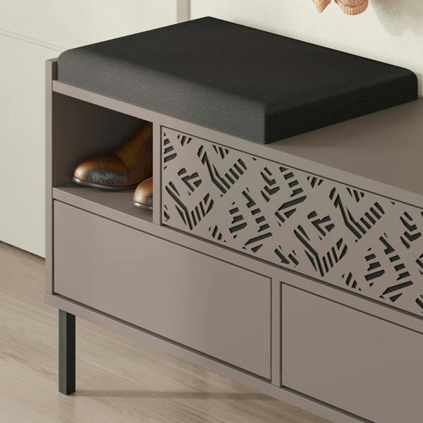 Decortie Heaton Shoe Bench w/ Fabric Cushion Seat 3-door Storage Cabinet 111(W)x37(D)x56.5(H)cm Metal Legs Hallway