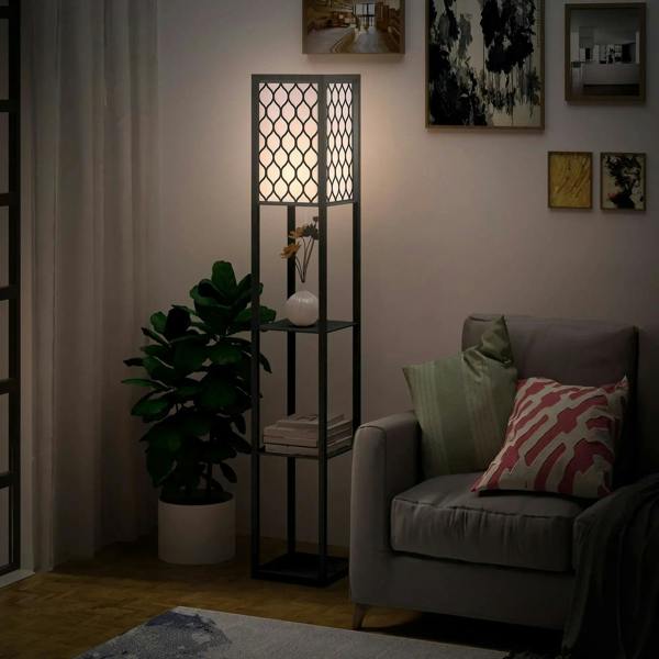 Black 4-tier standing shelf lamp with open frame and lattice lampshade