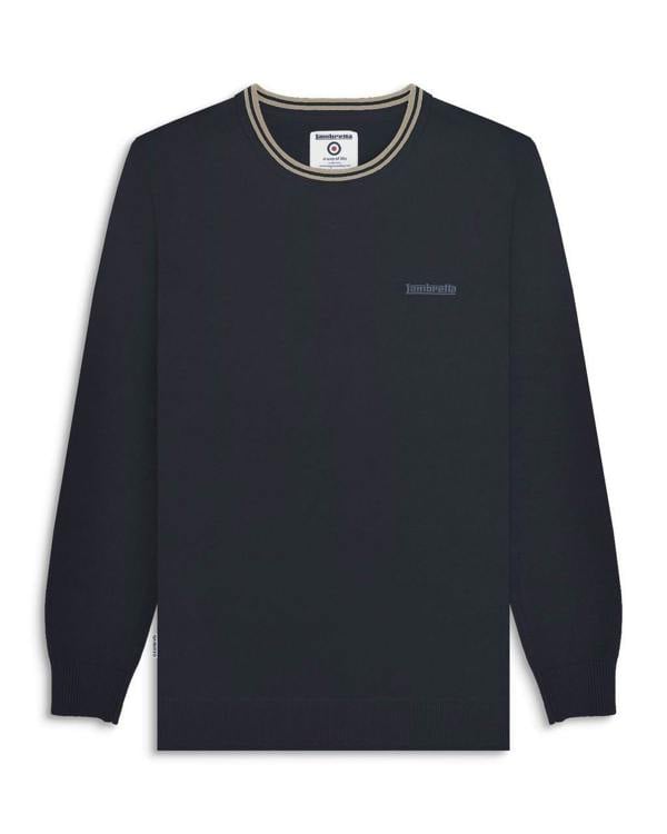 Lambretta Mens Smart Casual Knitted Long Sleeve Tipped Polo, a navy blue knitted long sleeve polo shirt with contrasting tipped collar design.