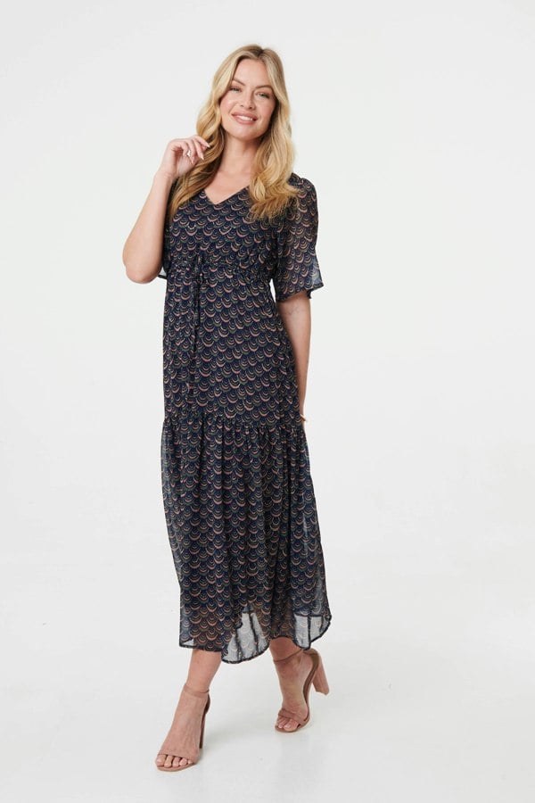 Blue | Printed Sheer Layered Empire Maxi Dress
