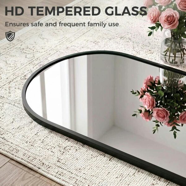 40 x 110 cm Full Length Hanging Mirror, Arched Mirror with Adjustable Hooks, Over-the-Door or Wall-Mounted, Black
