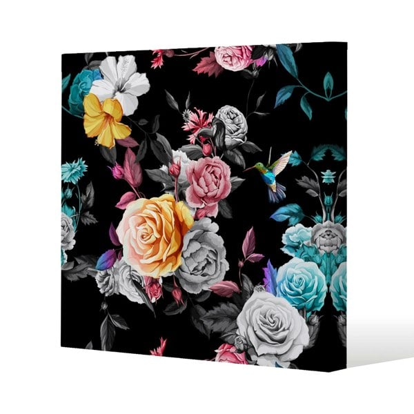 Benjamin Tate Design Humming bird, roses, peony with leaves (Canvas Print)