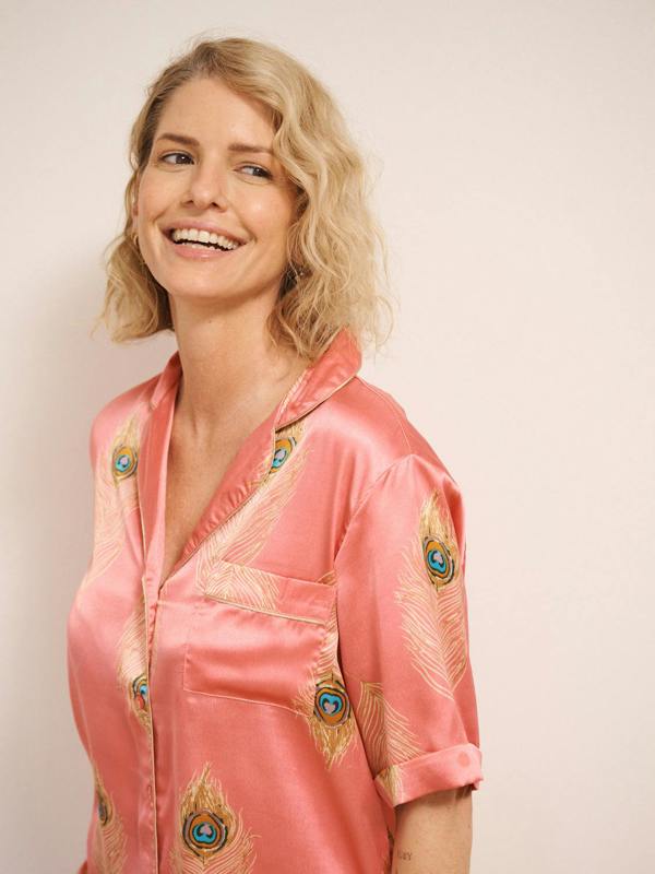 Their Nibs Womens Satin Shortie Pyjamas Pink Gold Peacock Feather