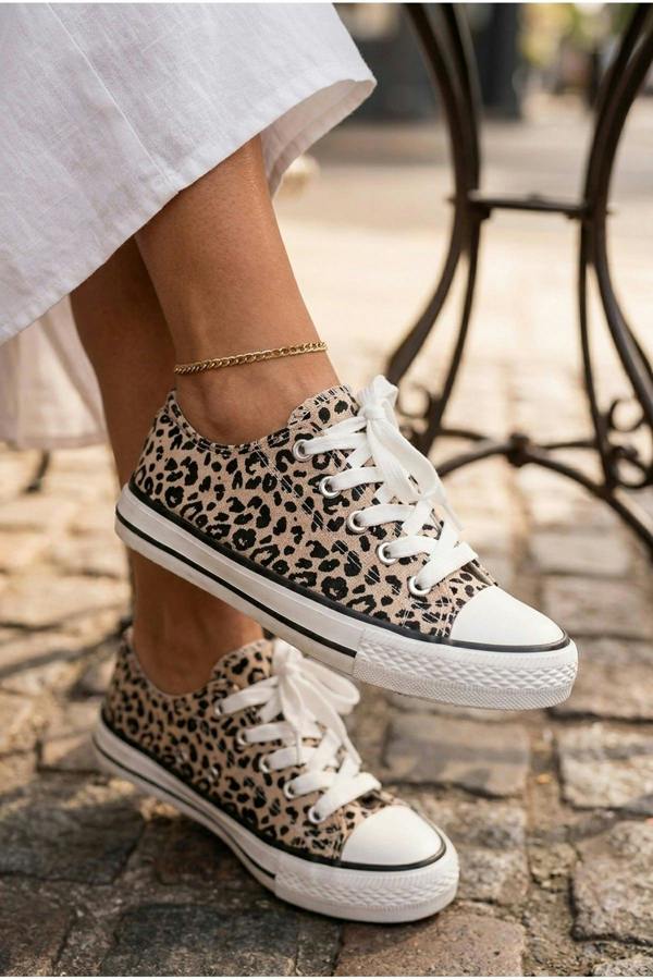Pearl Canvas Lace Up Low Trainers - Leopard