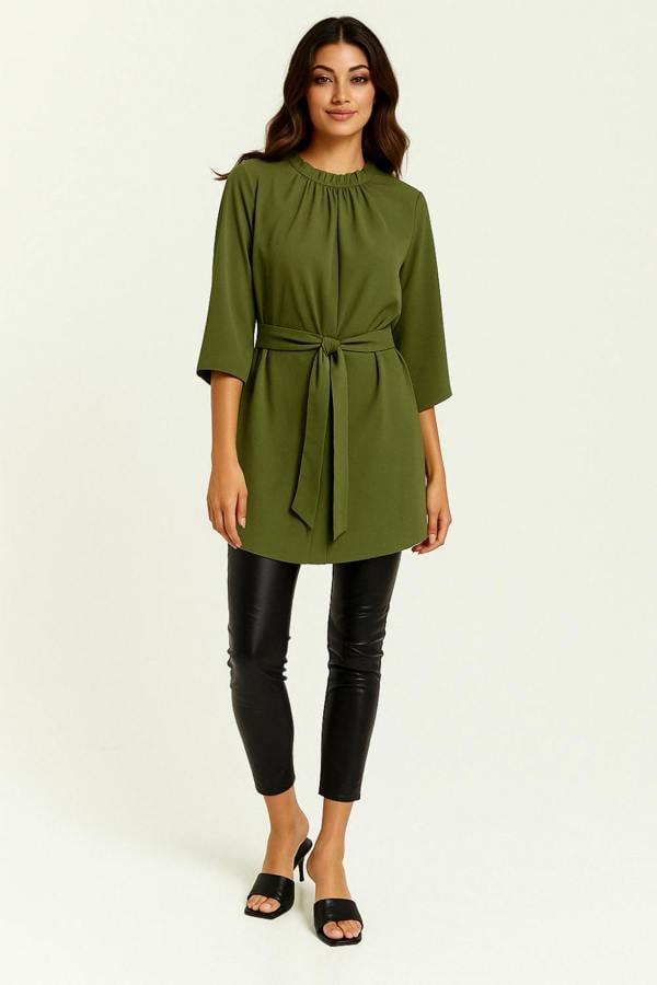 Hoxton Gal Tie Waisted Ruffle Neck Tunic with 3/4 Sleeves in Khaki
