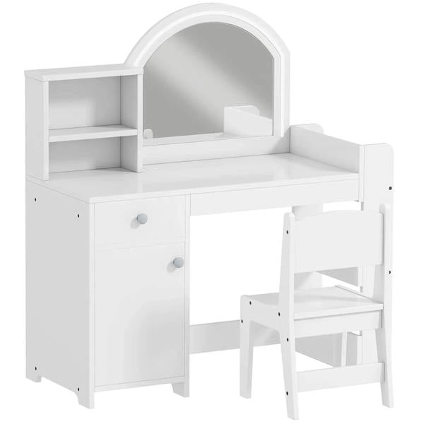White kids vanity table set with arched LED mirror, storage cabinet doors, shelves, stool