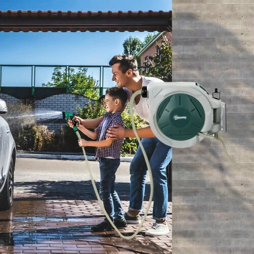 Bobobiy Retractable Hose Reel Wall Mounted, 20+2m Garden Hose Pipe Reel with Lock, 7 in 1 Spray Nozzle, 180° Swivel, 48 x 20 x 42 cm, Light Grey