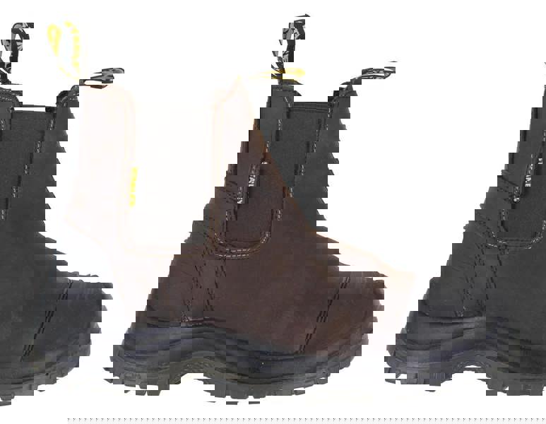 Stanley Riley Mens Pull On Steel Toe/Midsole Chelsea Dealer Boots, brown leather work boots with rubber sole and elastic side panels for easy slip-on.