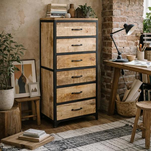 Wyld Haus Toivakka Industrial Reclaimed Wood and Metal Storage Chest of 6 Drawers